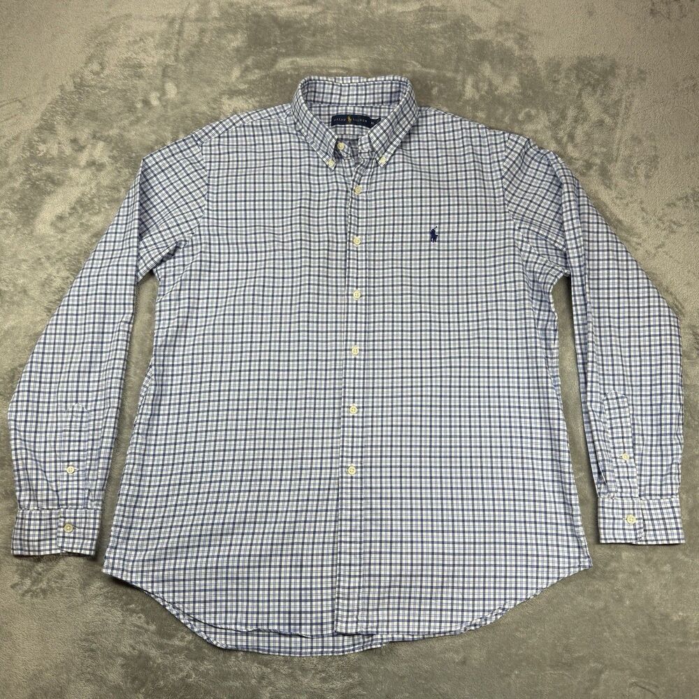 Ralph Lauren Button Down Shirt Men XL White Blue Plaid Long Sleeve Preppy Casual